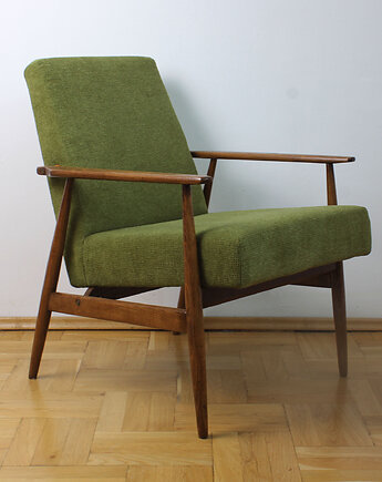 Fotel Lisek PRL, Typ 300-190, Po renowacji, Vintage, zielony; Dębowy