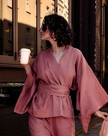 Kimono lniane różowe, lniana bluzka różowa.